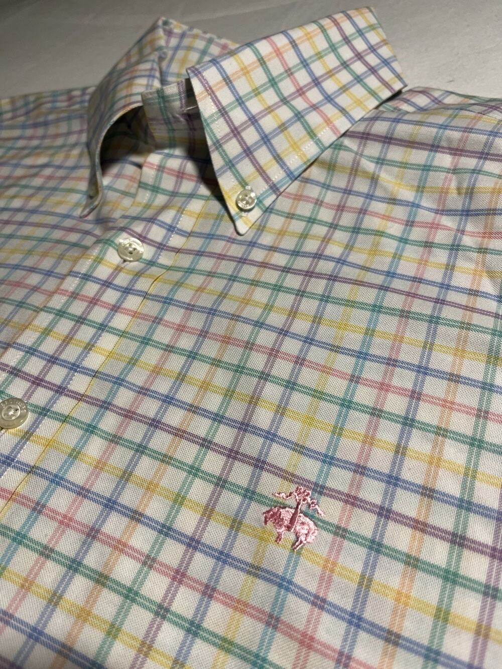 Brooks Brothers Mens M Slim Fit Supima Cotton Non Iron Plaid Polo Shirt Pastel